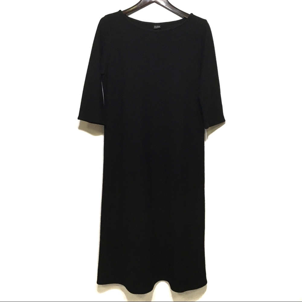 EILEEN FISHER BLACK 3/4 SLEEVE BOATNECK DRESS